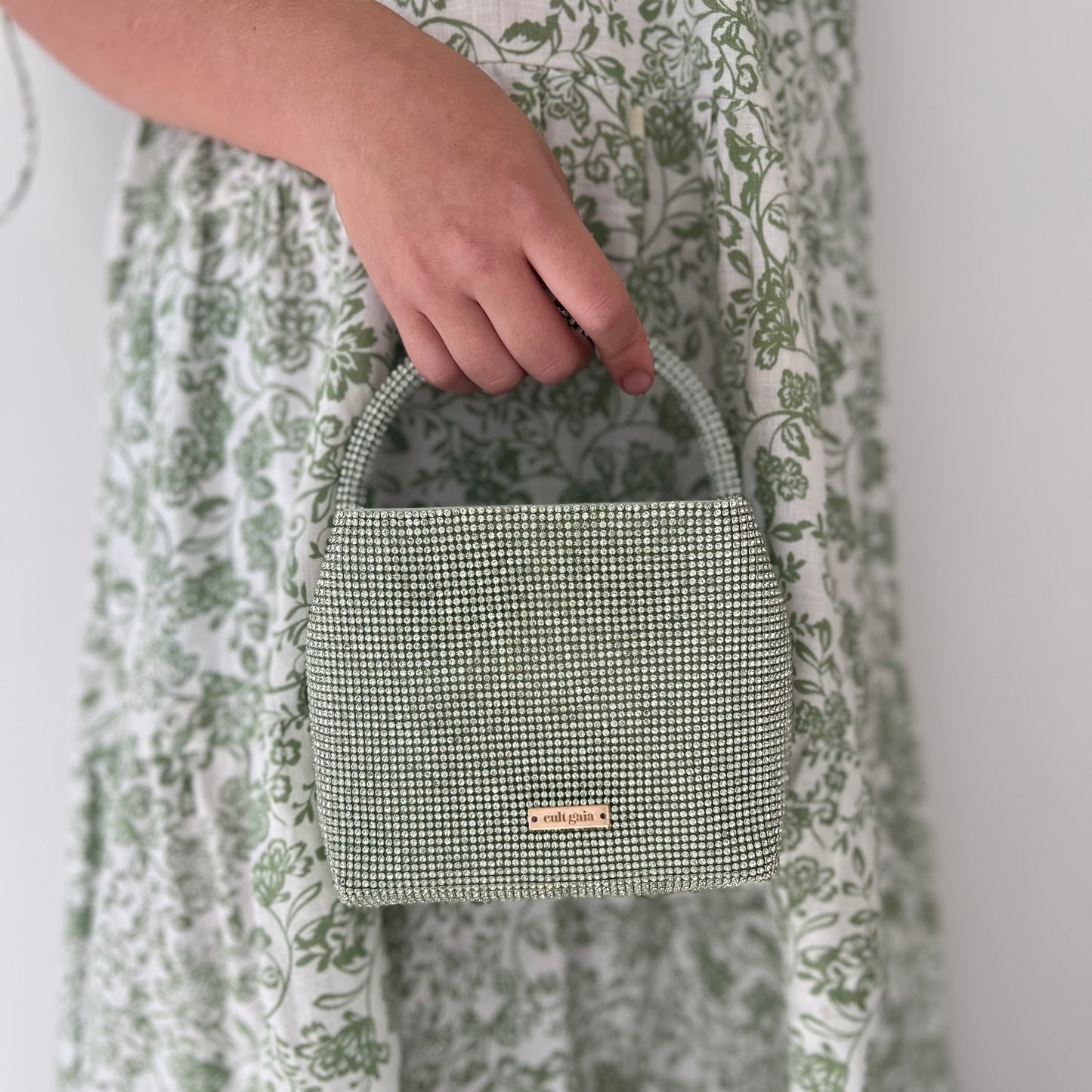 Cult Gaia Solene Mini Crystal Top Handle Bag Pale Sage