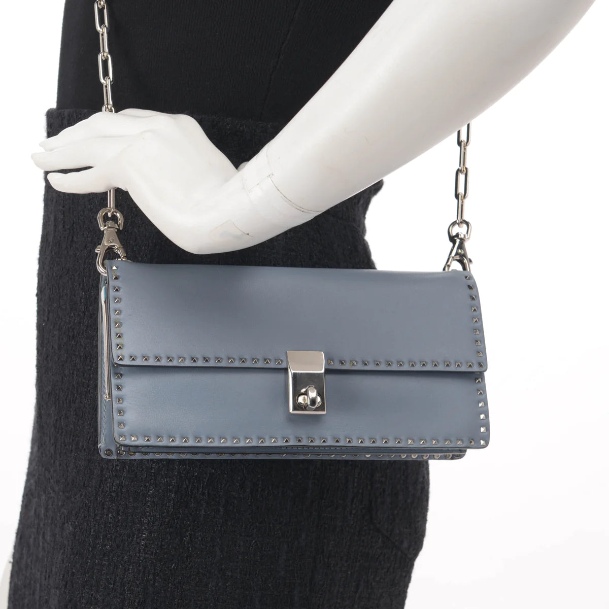 Handbag Rental Handbag Hire Sydney Valentino Blue Calfskin Mini Rockstud Chain Clutch