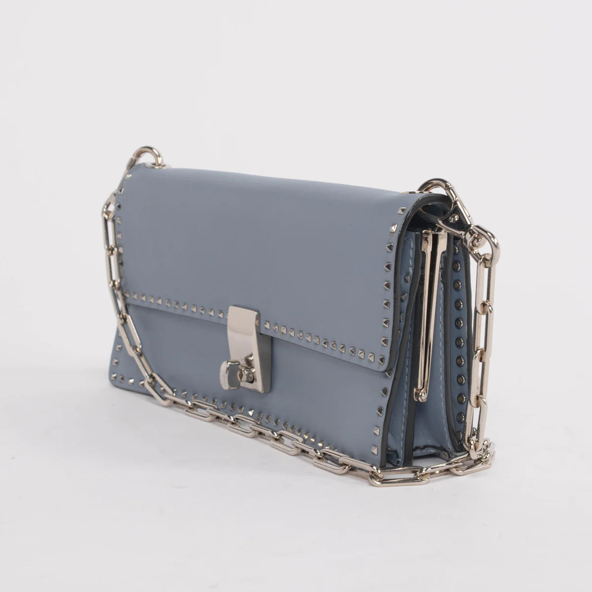 Handbag Rental Handbag Hire Sydney Valentino Blue Calfskin Mini Rockstud Chain Clutch