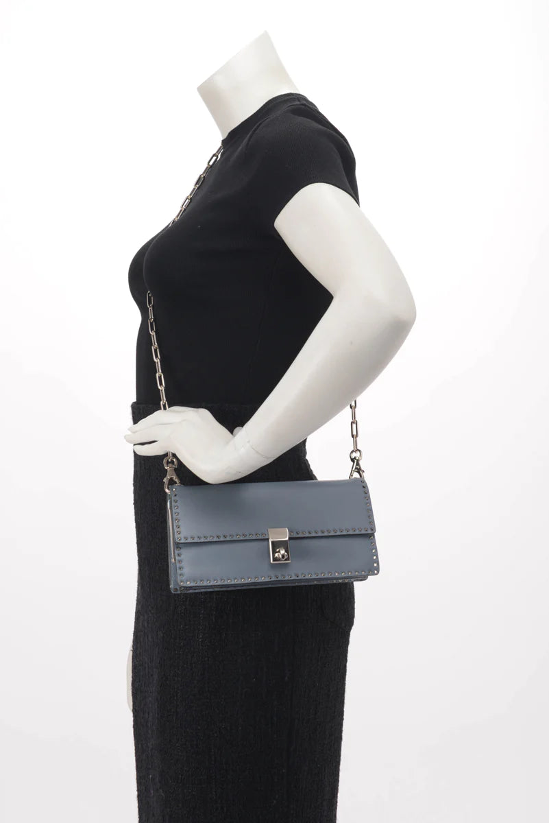 Handbag Rental Handbag Hire Sydney Valentino Blue Calfskin Mini Rockstud Chain Clutch